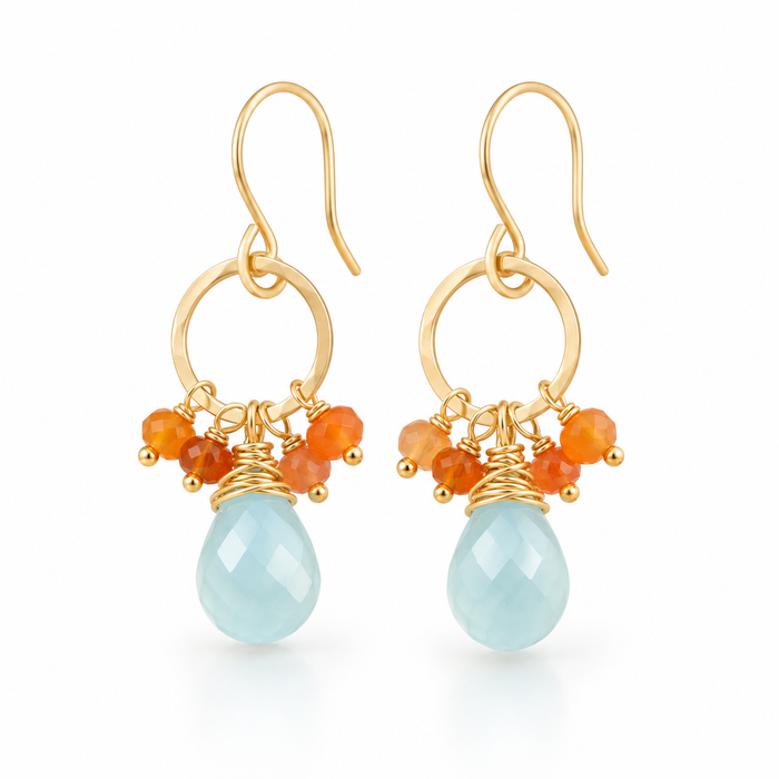 Aquamarine & Carnelian Gemstone Earrings – 14K Gold Filled