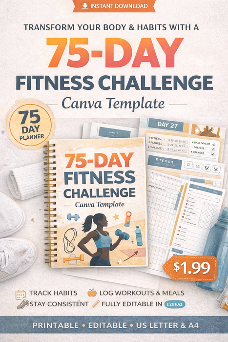 75-Day Fitness Challenge Canva Template - Editable Daily Planner
