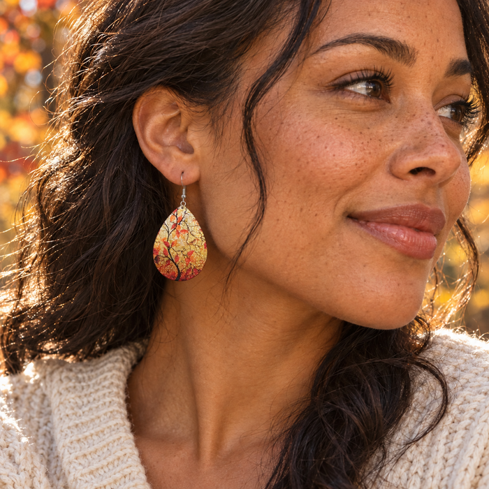 Autumn Tree Glitter Teardrop Earrings