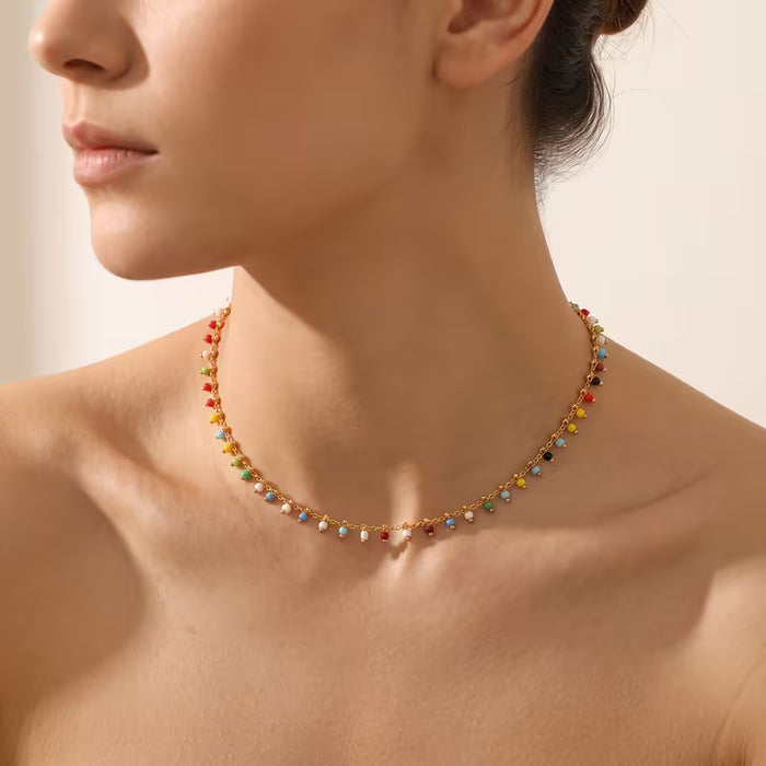 Rainbow Seed Bead Fringe Choker Necklace