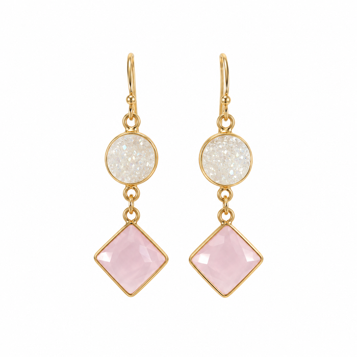 White Druzy & Rose Quartz Drop Earrings – 14k Gold Filled