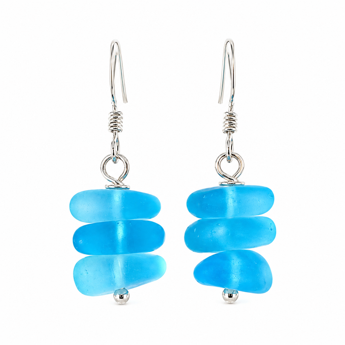 Aqua Blue Sea Glass Trio Stack Earrings – Sterling Silver
