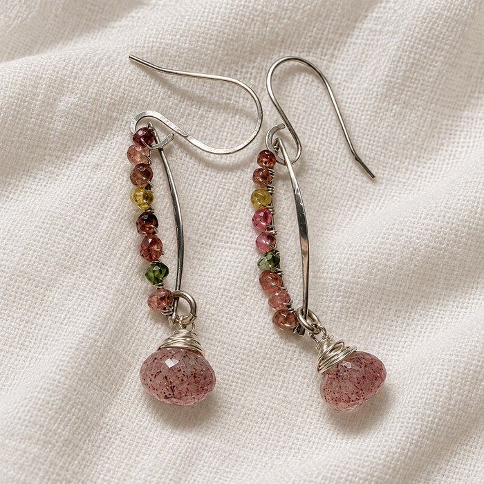 Strawberry Quartz & Tourmaline Dangle Earrings