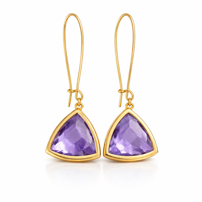 Amethyst Hydro Quartz Triangle Drop Earrings – Gold Plated Brass – 2” Geometric Purple Dangle Earrings