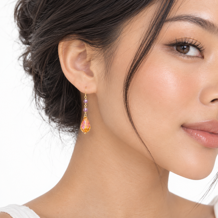 Gold Filled Czech Glass Drop Earrings – Amber & Lavender