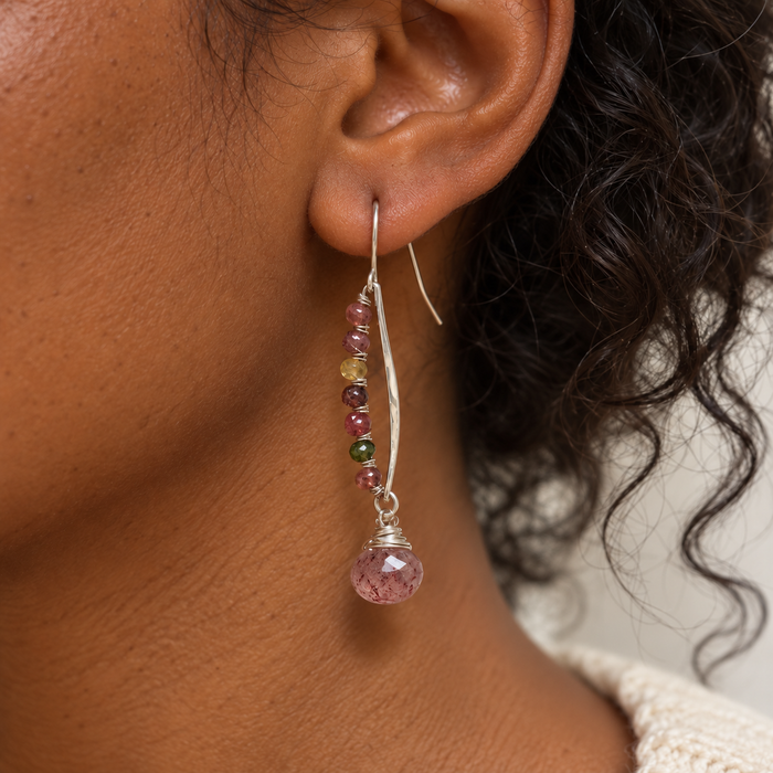Strawberry Quartz & Tourmaline Dangle Earrings