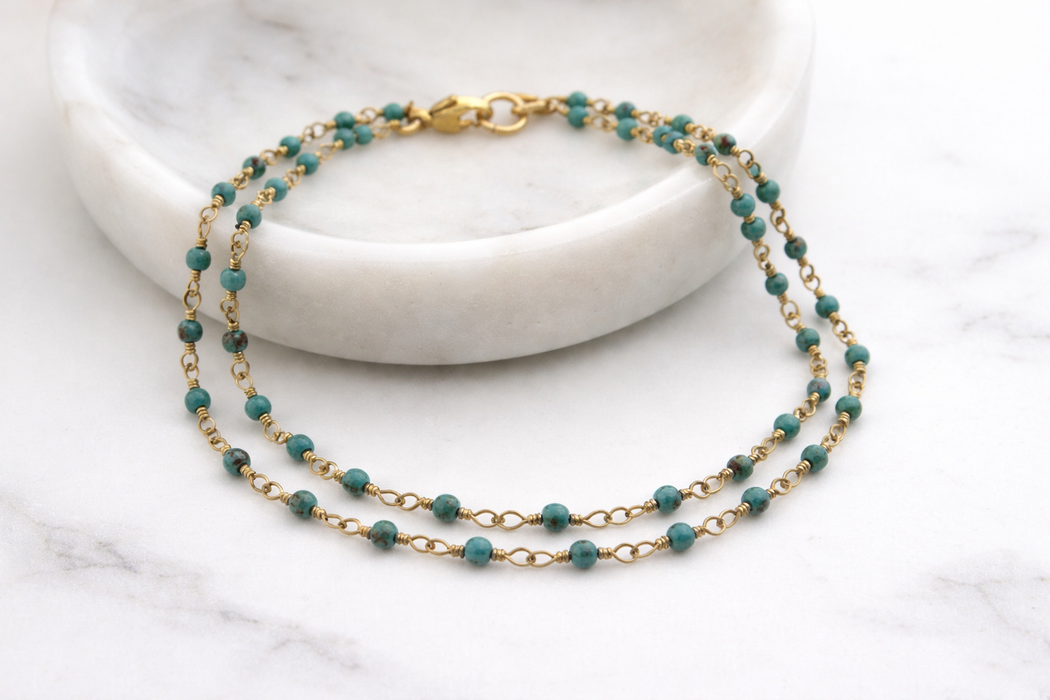 African Turquoise Double Strand Bracelet – Gold Filled Rosary Chain – 7.5” Layered Beaded Bracelet