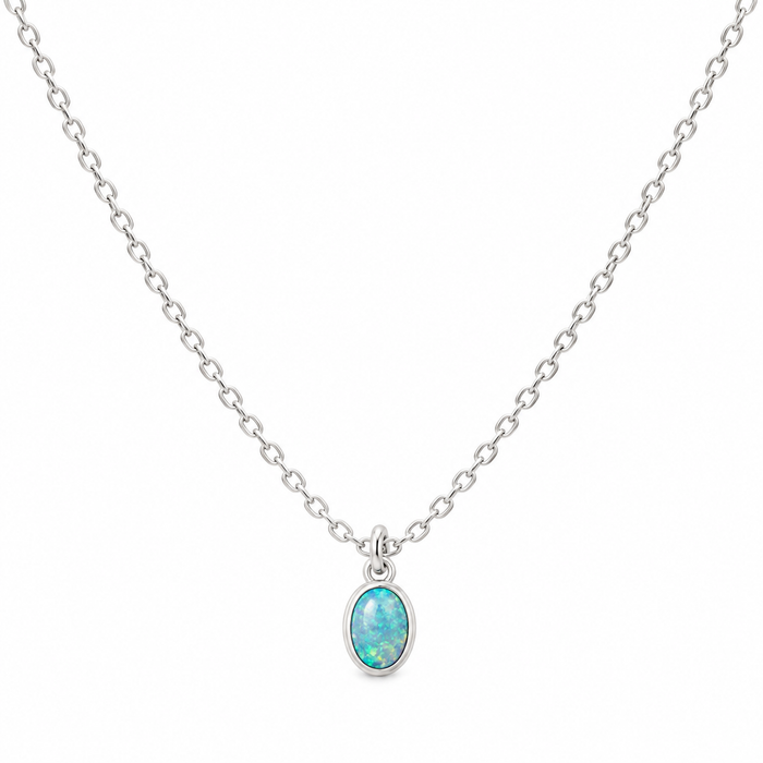 Tiny Opal Necklace – Dainty 16" Sterling Silver Chain with Oval Charm