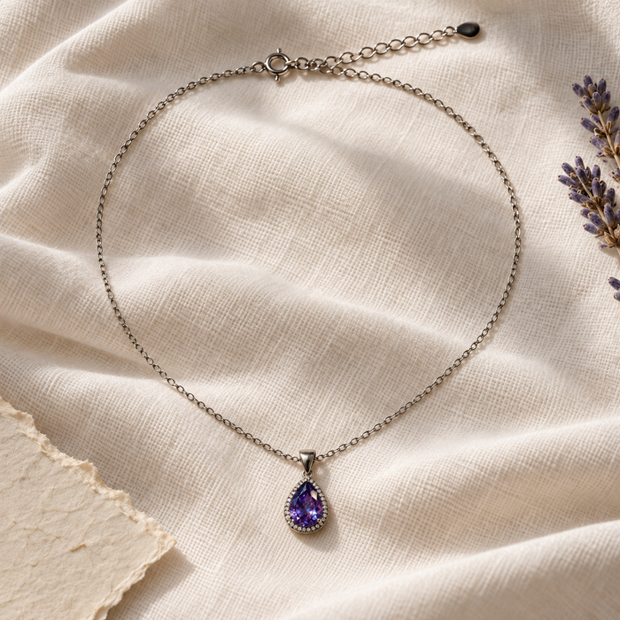 Amethyst Glass Halo Necklace in Sterling Silver