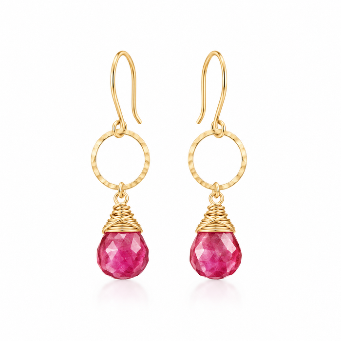 Ruby Quartz Hammered Hoop Earrings – 14K Gold Filled