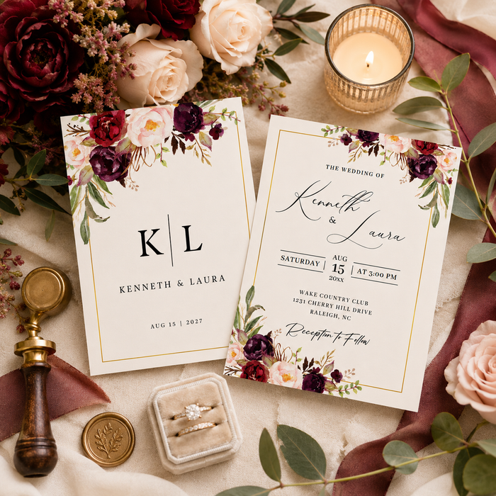 Burgundy Blush Floral Wedding Invitation Template