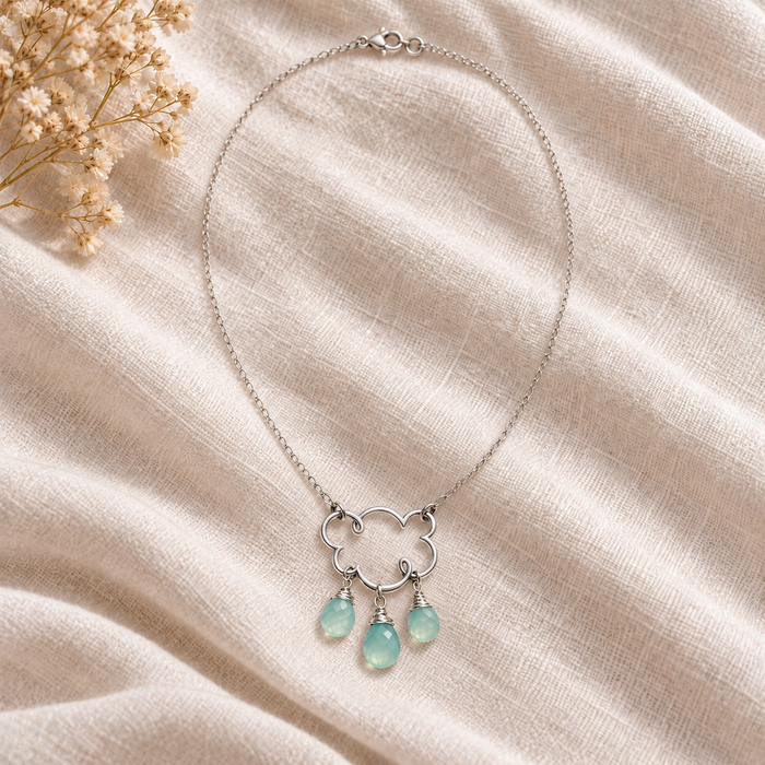 Sterling Silver Cloud & Aquamarine Raindrop Necklace