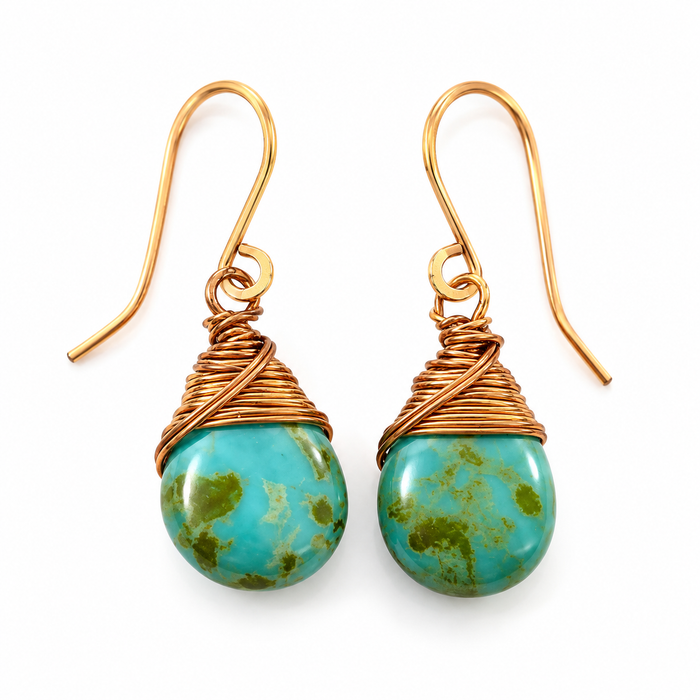 Copper Wire Wrapped Turquoise Earrings – Czech Glass Boho Dangles