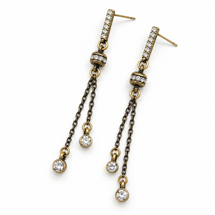 Brass Rhinestone Chain Drop Earrings | 3 Inch Statement Earrings