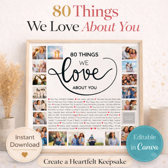 80 Things We Love About You – 80th Birthday Wall Art Canva Template