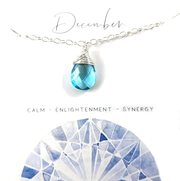 Blue Topaz Quartz Necklace December Birthstone Sterling Silver Wire Wrapped Briolette Pendant Gift for Her