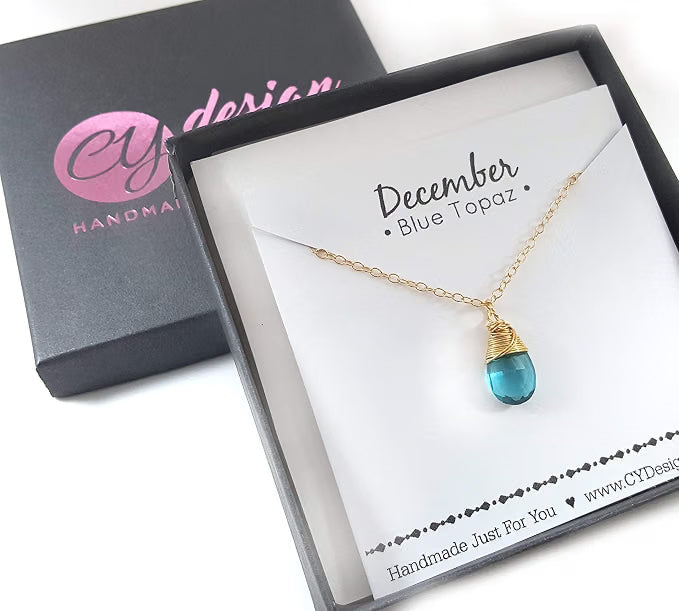 December Birthstone Blue Topaz Quartz 14k Gold Filled Necklace