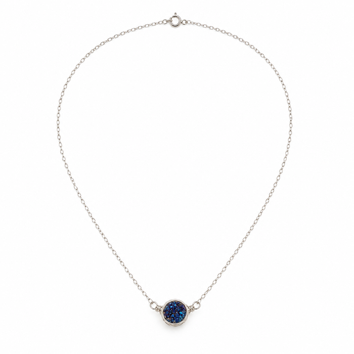 OOAK Blue Druzy Sterling Silver Wire Wrapped Necklace