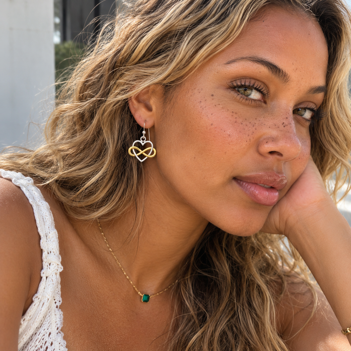 Infinity Heart Dangle Earrings – Bronze & Sterling Silver