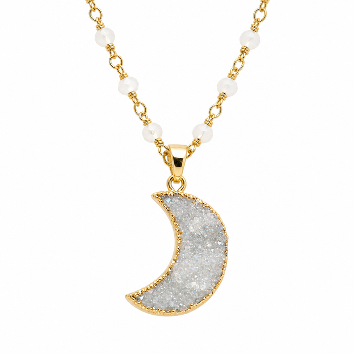 Druzy Moon Necklace – Gold Plated on White Rosary Chain, 21 Inch