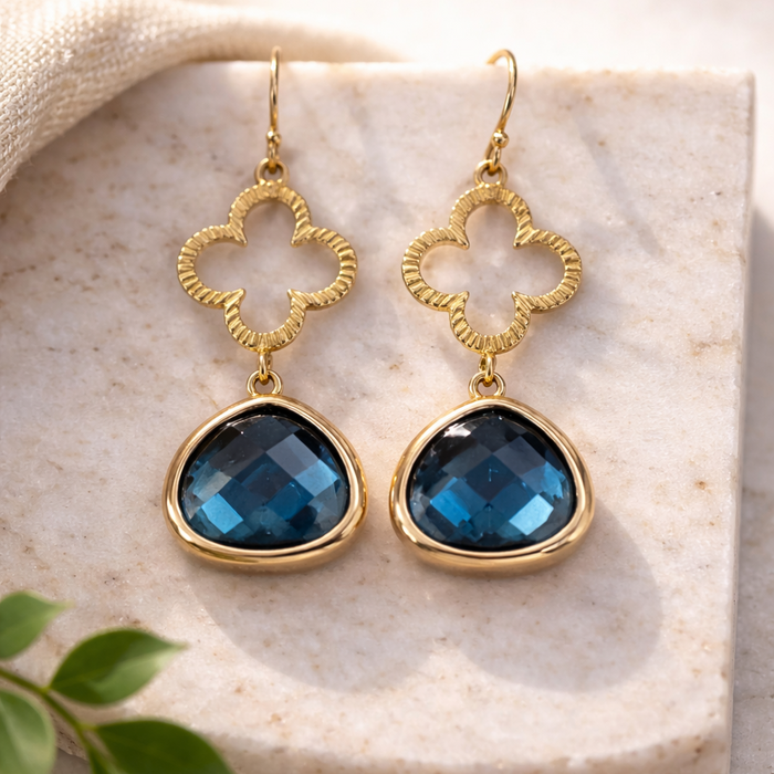 Blue Glass Clover Drop Earrings – Gold Filled Ear Wires – 1.5" Dangle Earrings