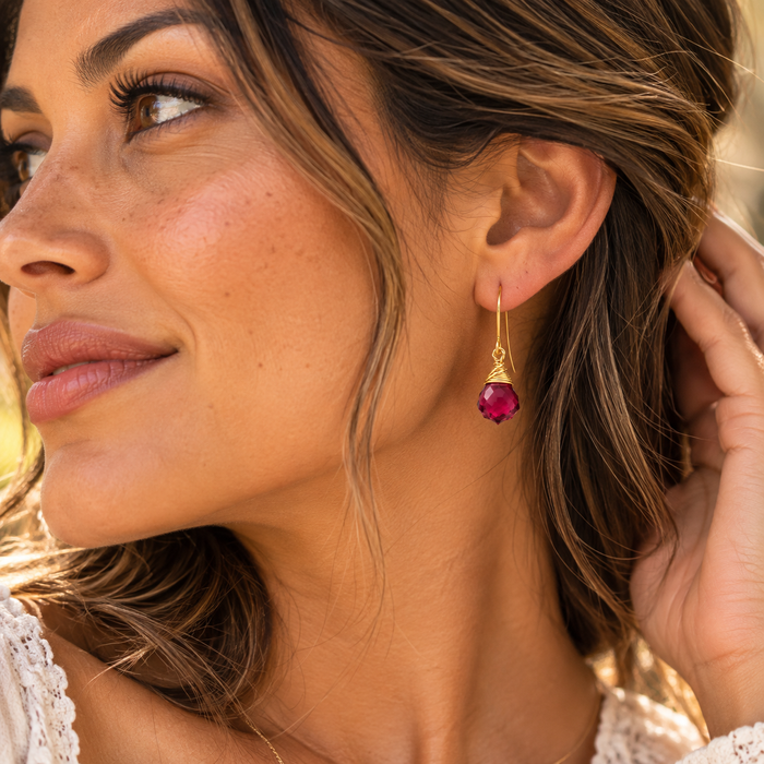Fuchsia Swarovski Crystal Drop Earrings – Gold Wire Wrapped