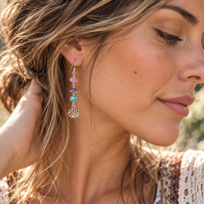 Lotus Flower Gemstone Earrings – Sterling Silver Dangles
