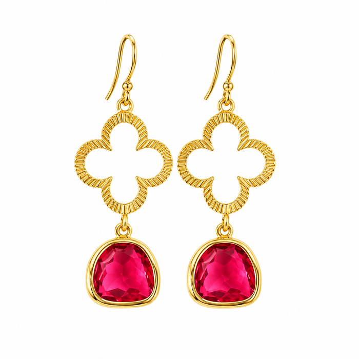 Clover & Red Glass Drop Earrings – 14k Gold Filled