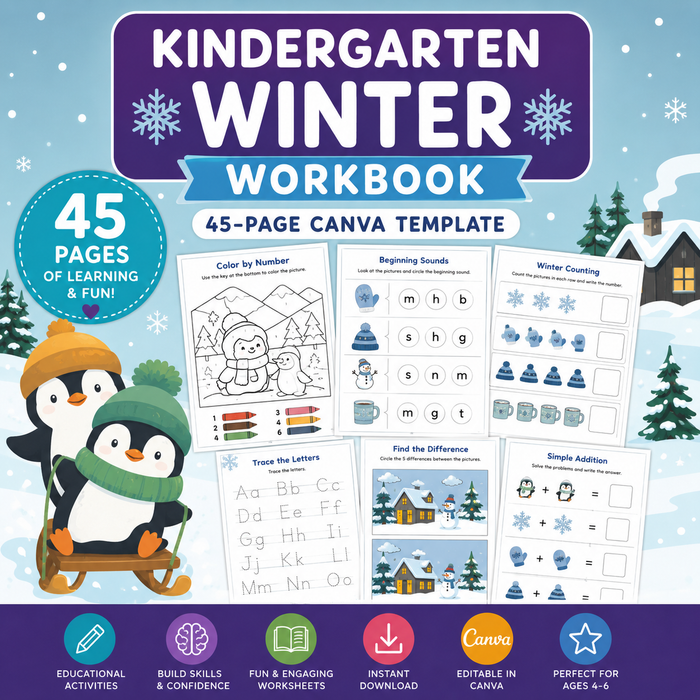 Kindergarten Winter Workbook | 45-Page Editable Canva Template