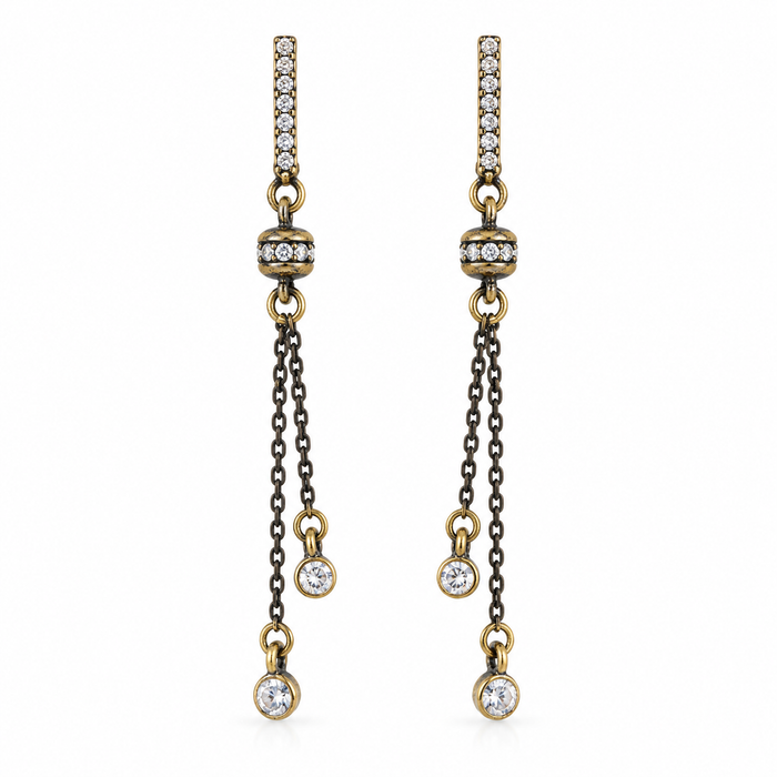 Brass Rhinestone Chain Drop Earrings | 3 Inch Statement Earrings