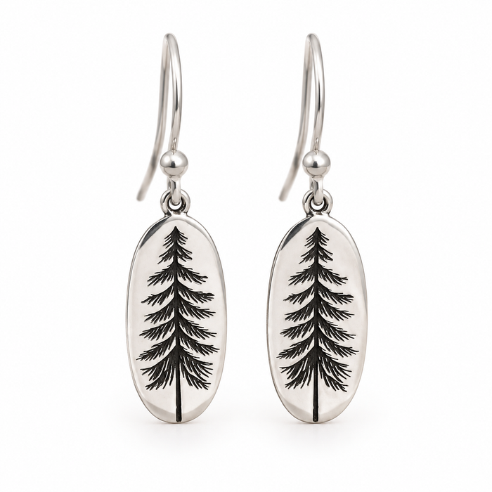 Sterling Silver Pine Tree Earrings – Oval Evergreen Dangle Earrings
