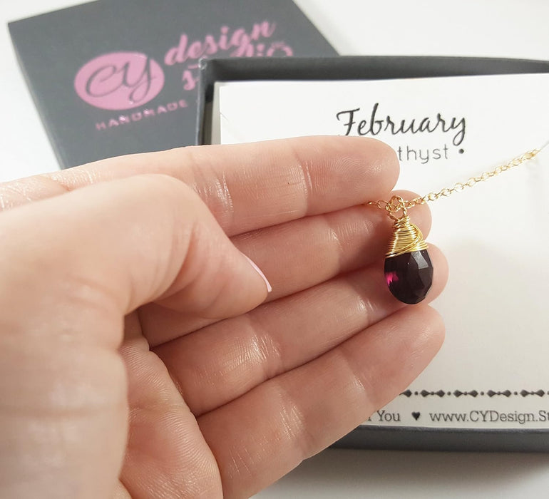 Amethyst Birthstone Necklace – February Gemstone Jewelry, 14k Gold Filled Briolette, Handmade Gift for Her