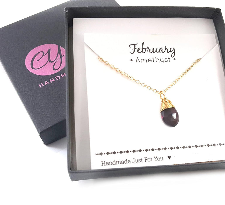 Amethyst Birthstone Necklace – February Gemstone Jewelry, 14k Gold Filled Briolette, Handmade Gift for Her