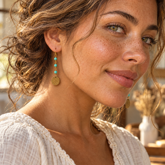 Turquoise Czech Glass & Textured Brass Earrings — OOAK
