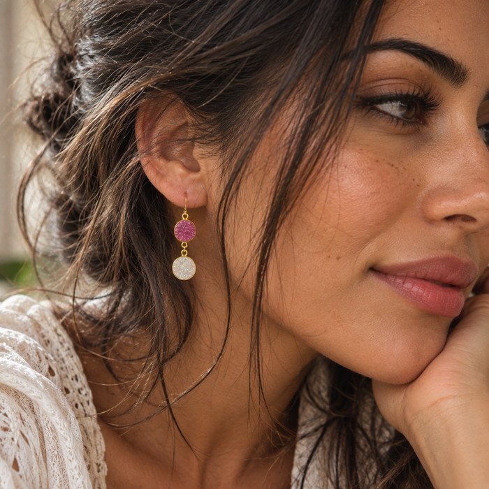 Hot Pink & White Druzy Double Drop Earrings – 14k Gold Filled