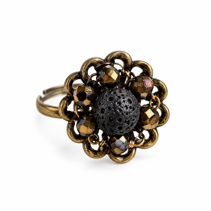 OOAK Lava Rock & Czech Glass Adjustable Brass Ring