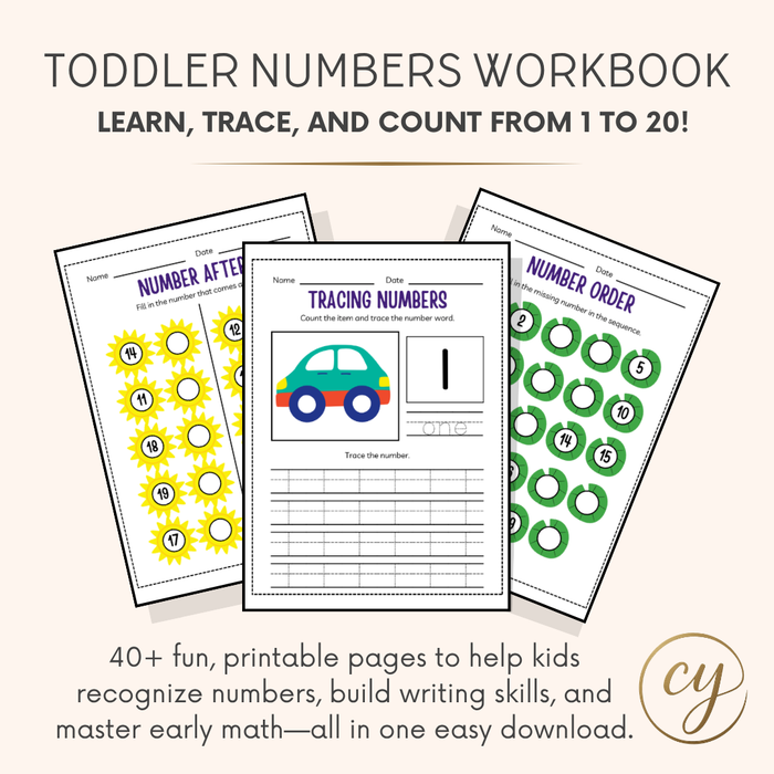 Toddler & Preschool Numbers Workbook – 40+ Page Printable PDF for Ages 3–5