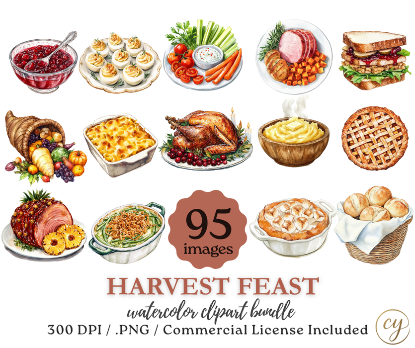 Harvest Feast Watercolor Clipart Bundle – Thanksgiving Food Collection (95 Images, 300 DPI, Commercial License)