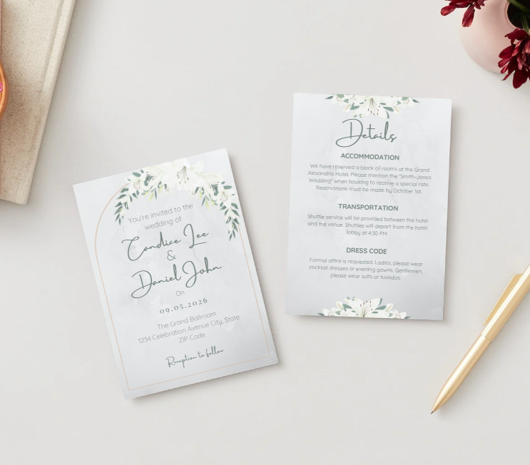 White Lily Wedding Invitation & Details Card Set – Editable Canva Template – Instant Download