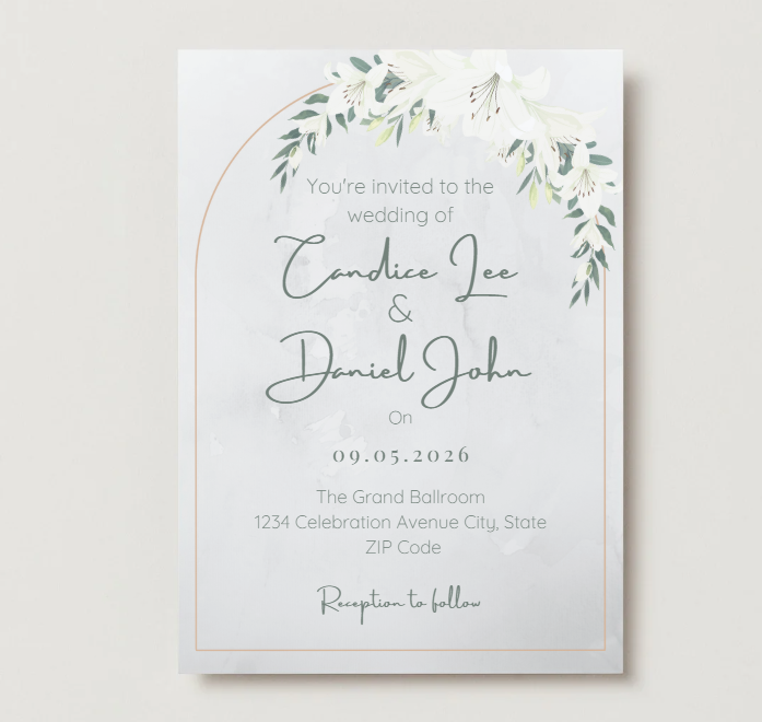White Lily Wedding Invitation & Details Card Set – Editable Canva Template – Instant Download