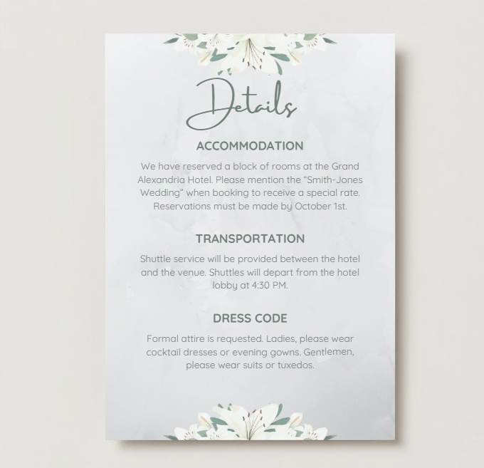 White Lily Wedding Invitation & Details Card Set – Editable Canva Template – Instant Download