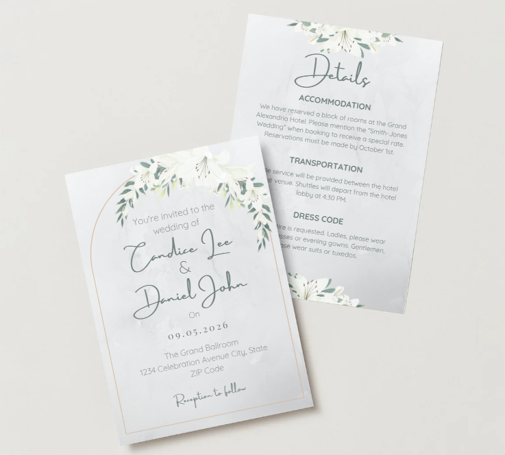 White Lily Wedding Invitation & Details Card Set – Editable Canva Template – Instant Download
