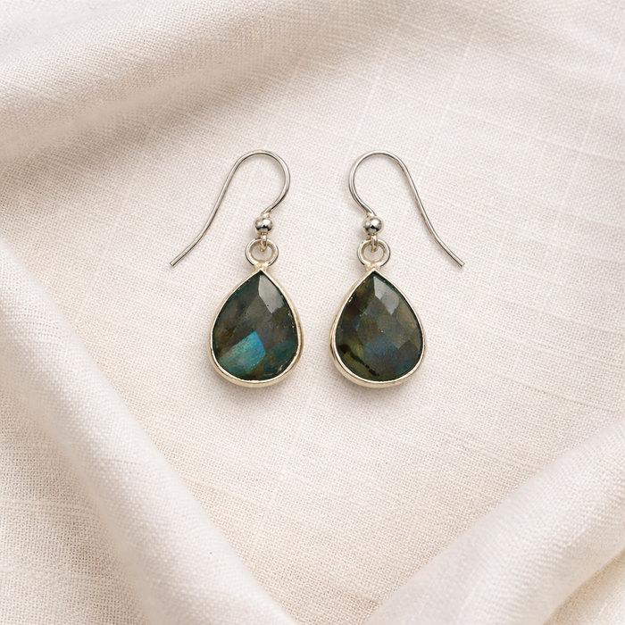 Dainty Labradorite Drop Earrings – Sterling Silver – Faceted Teardrop Gemstone – Minimal Everyday Jewelry