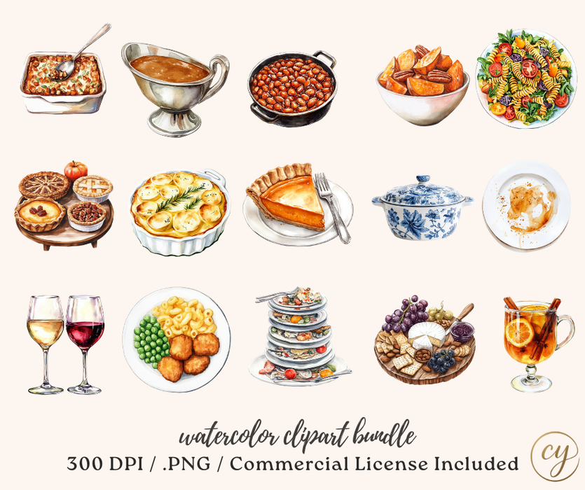 Harvest Feast Watercolor Clipart Bundle – Thanksgiving Food Collection (95 Images, 300 DPI, Commercial License)