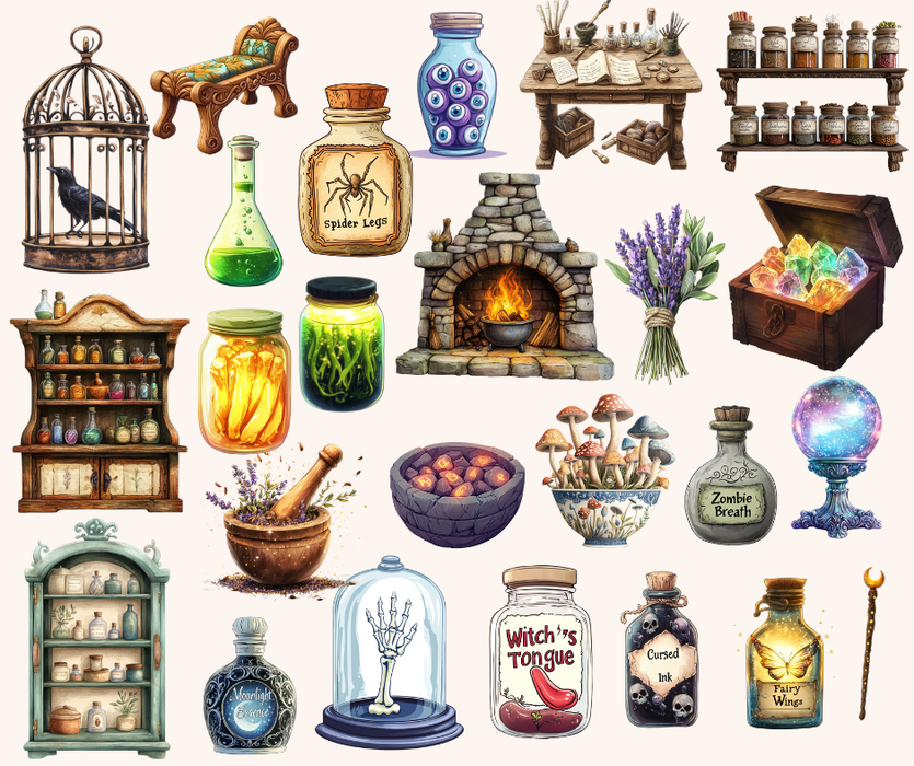 Enchanted Apothecary Watercolor Clipart Bundle – 166 PNGs, 300 DPI, Commercial License