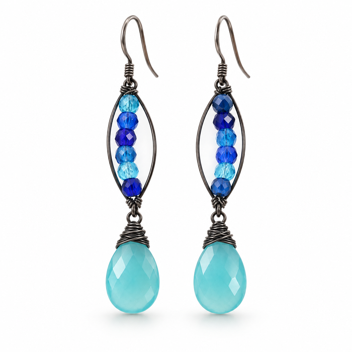 Blue Chalcedony & Czech Glass Oxidized Sterling Silver Earrings
