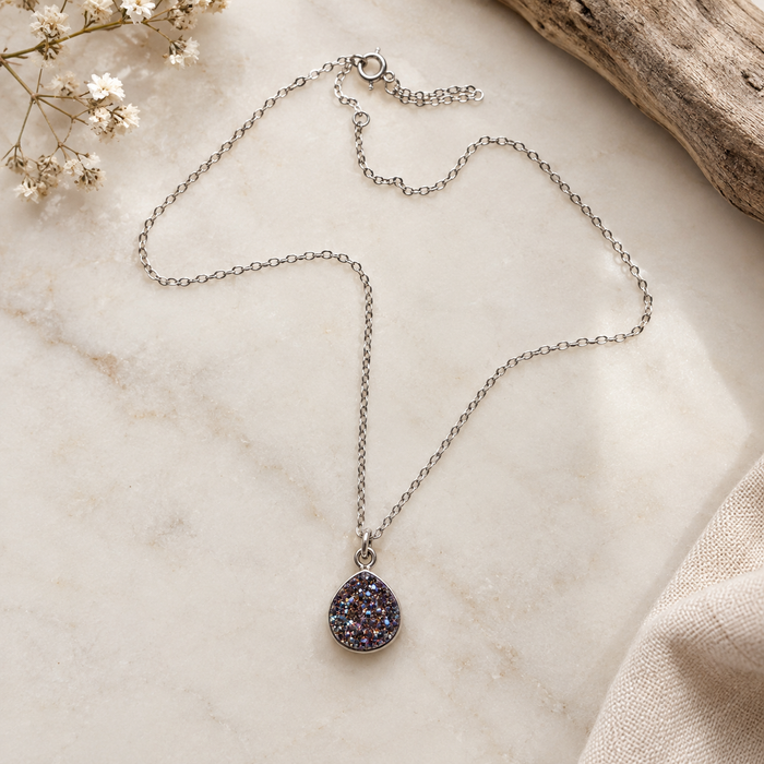 Purple Druzy Teardrop Necklace – Sterling Silver – One of a Kind
