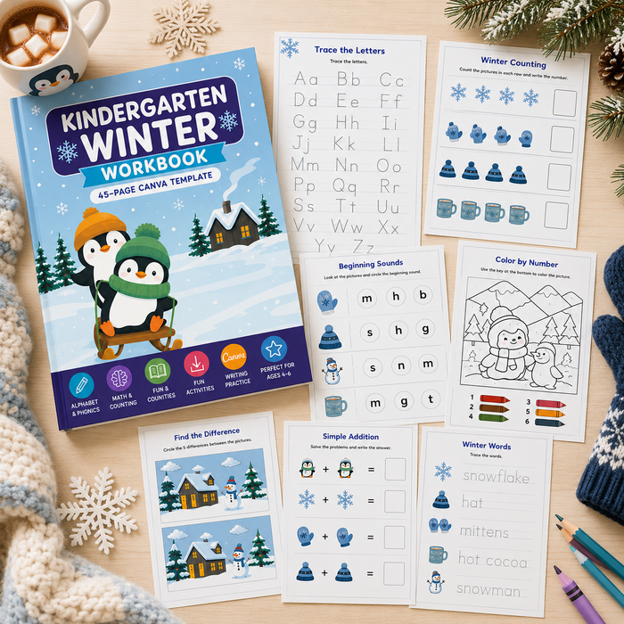 Kindergarten Winter Workbook | 45-Page Editable Canva Template