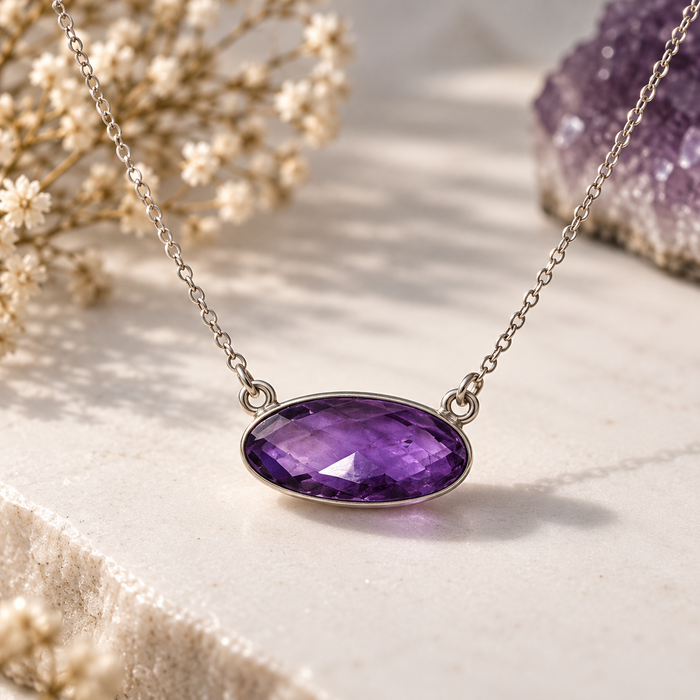 OOAK Faceted Amethyst Oval Necklace – Sterling Silver