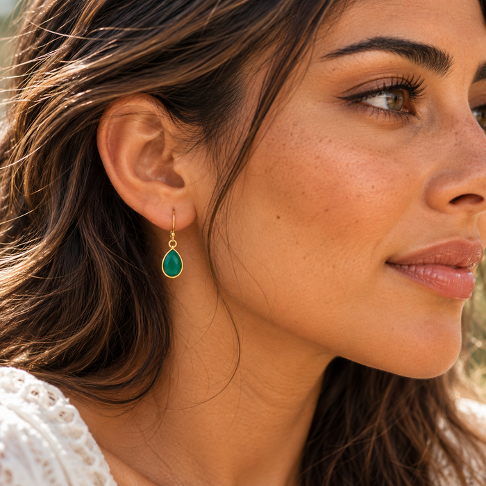 Dainty Green Onyx Drop Earrings – 14K Gold Filled